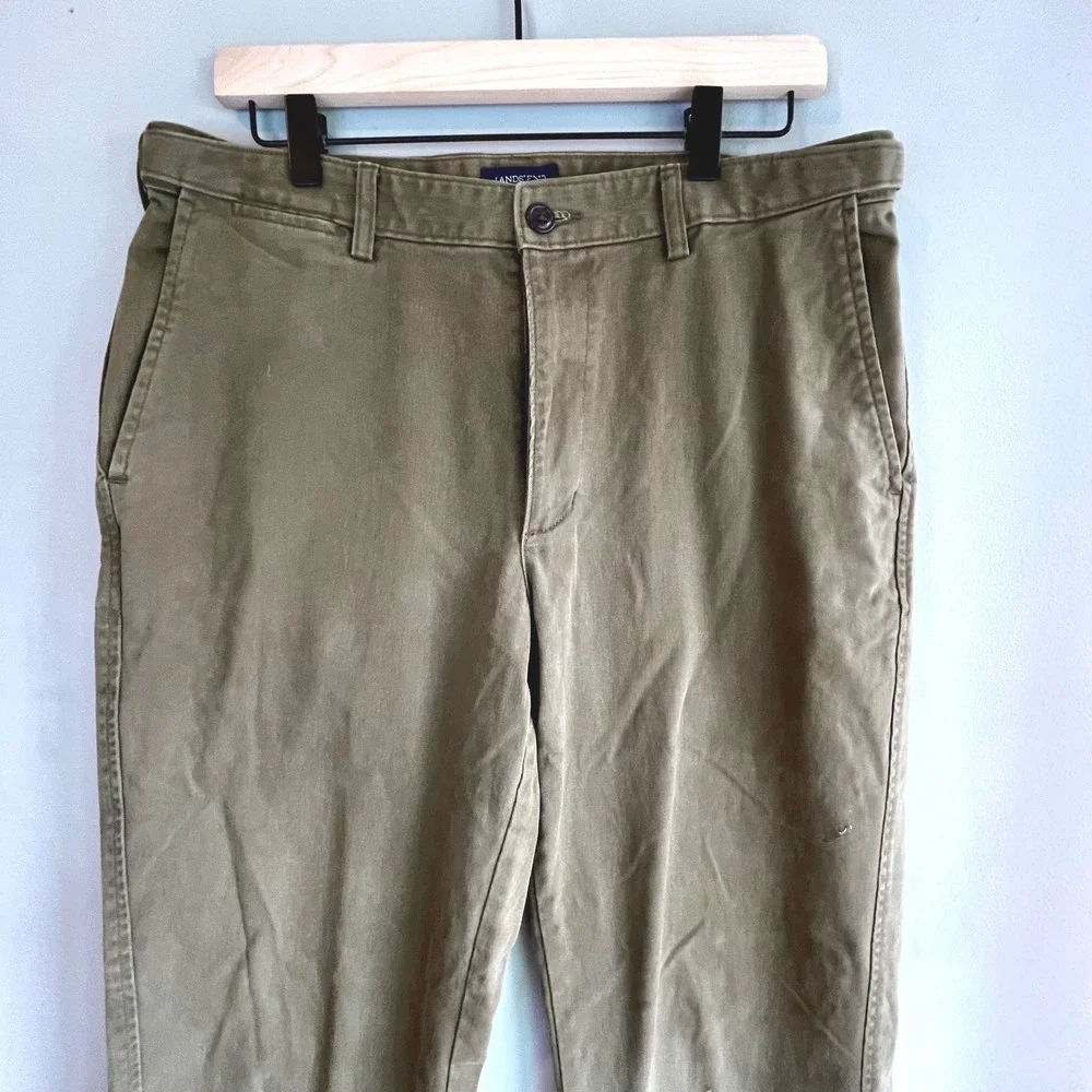 Lands' End Traditional Fit Olive Green Chino Pants Casual Trousers 100 % Cotton - Picture 5 of 14